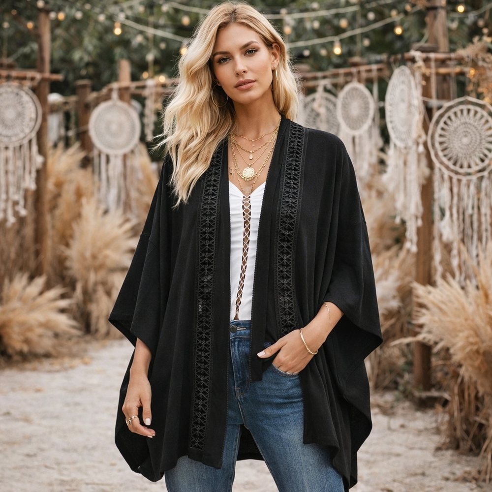 Source Unknown Black Crochet-Trim Open Kimono